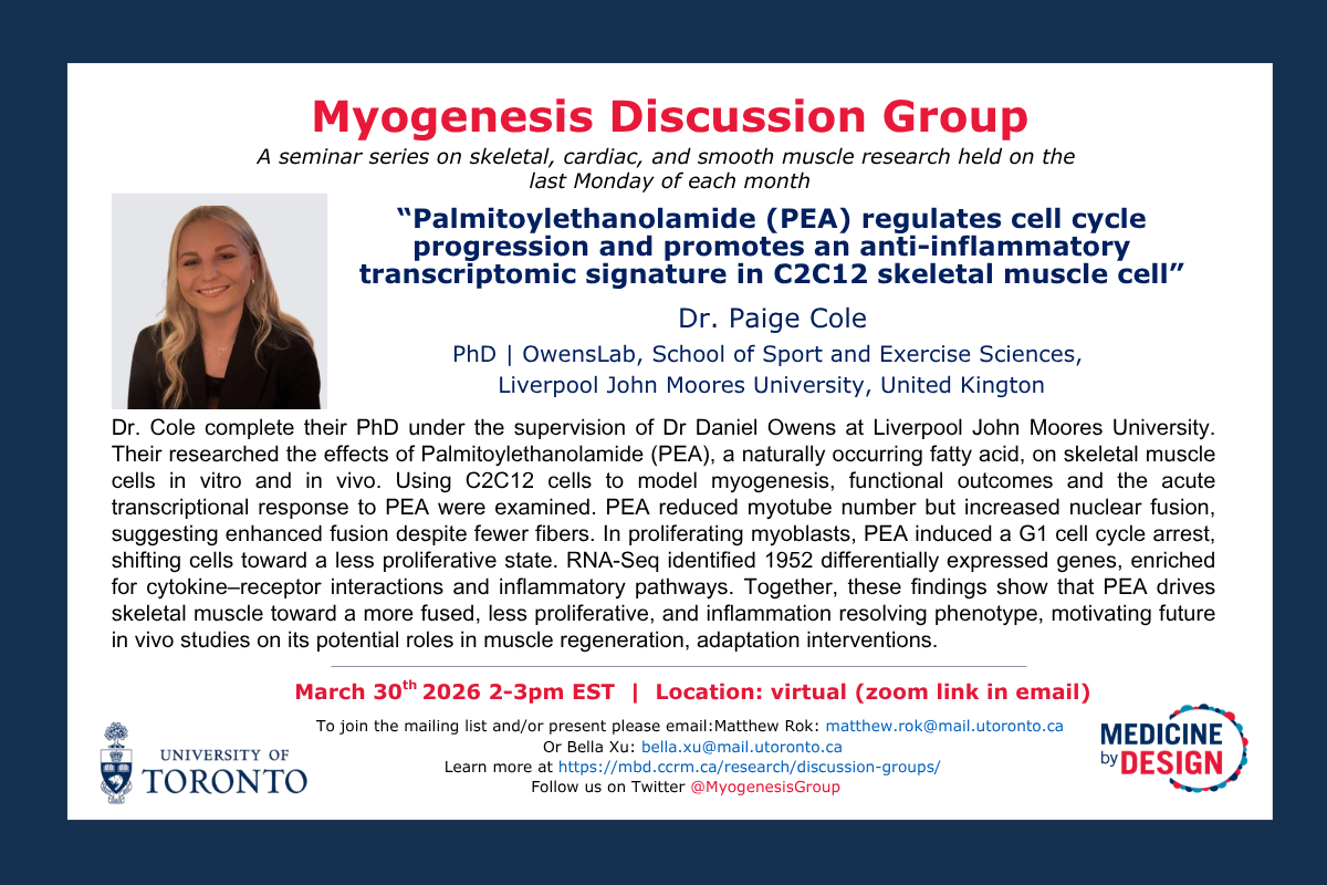 Dr. Cole will present their talk titled "Palmitoylethanolamide (PEA) regulates cell cycle progression and promotes an anti-inflammatory transcriptomic signature in C2C12 skeletal muscle cell" at 2-3pm EST on Monday the 30th, March 2026.