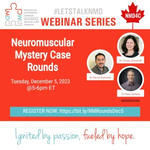 Neuromuscular mystery case rounds poster, with date and registration link on the left and pictures of the moderators on the right.