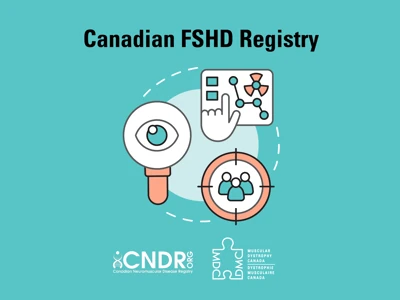 text reading Canadian FSHD registry, with icons in centre of page and CNDR and MDC logos underneath.
