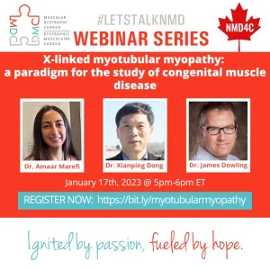 NMD4C and MDC X-linked myotubular myopathy webinar poster, title and photos of presenters in the middle. Registration link below.