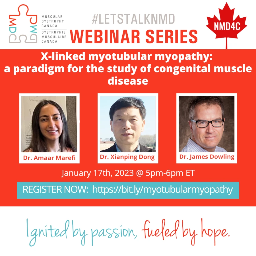 NMD4C and MDC X-linked myotubular myopathy webinar poster, title and photos of presenters in the middle. Registration link below.