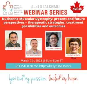 Poster for webinar on March 7th on Duchenne Muscular Dystrophy. Pictures of the four presenters with text.