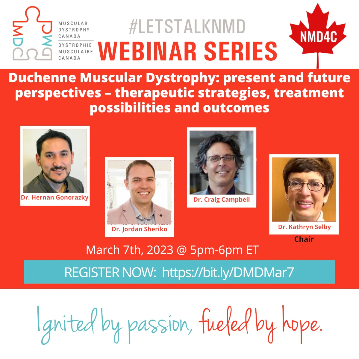 Poster for webinar on March 7th on Duchenne Muscular Dystrophy. Pictures of the four presenters with text.