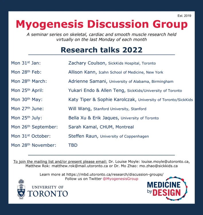 poster containing upcoming events for the myogenesis discussion group