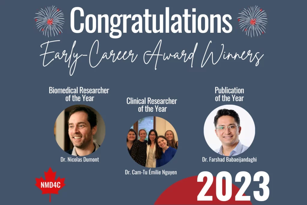 Congratulations to the early career award recipients! Photos of the three recipients, with text reading biomedical researcher of the year, clinical researcher of the year, publication of the year.