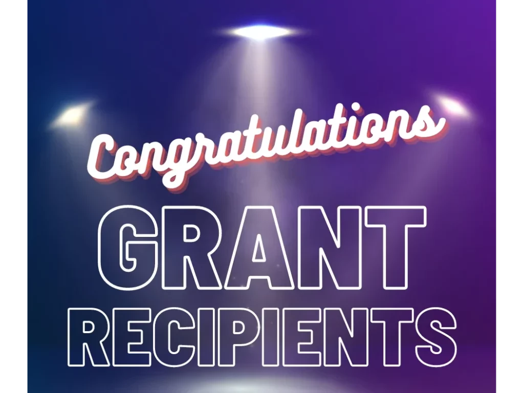 Spotlights in front of purple background illuminating the text reading congratulations grant recipients.