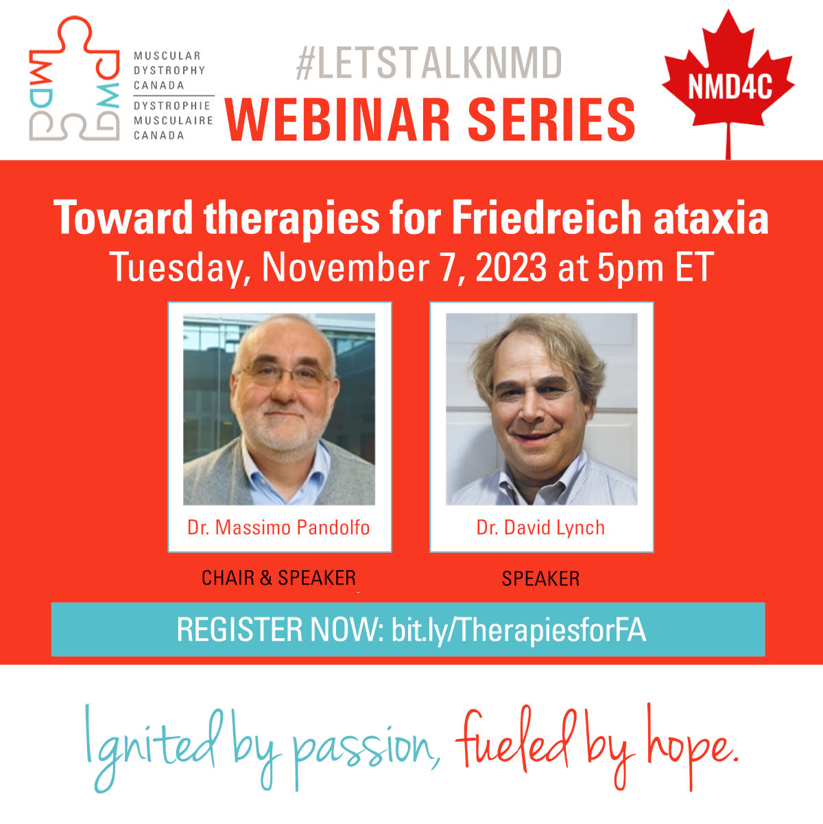 #LetsTalkNMD webinar series, talk titled 'Toward therapies for Friedreich ataxia'. Taking place November 7th 2023 at 5pm ET.