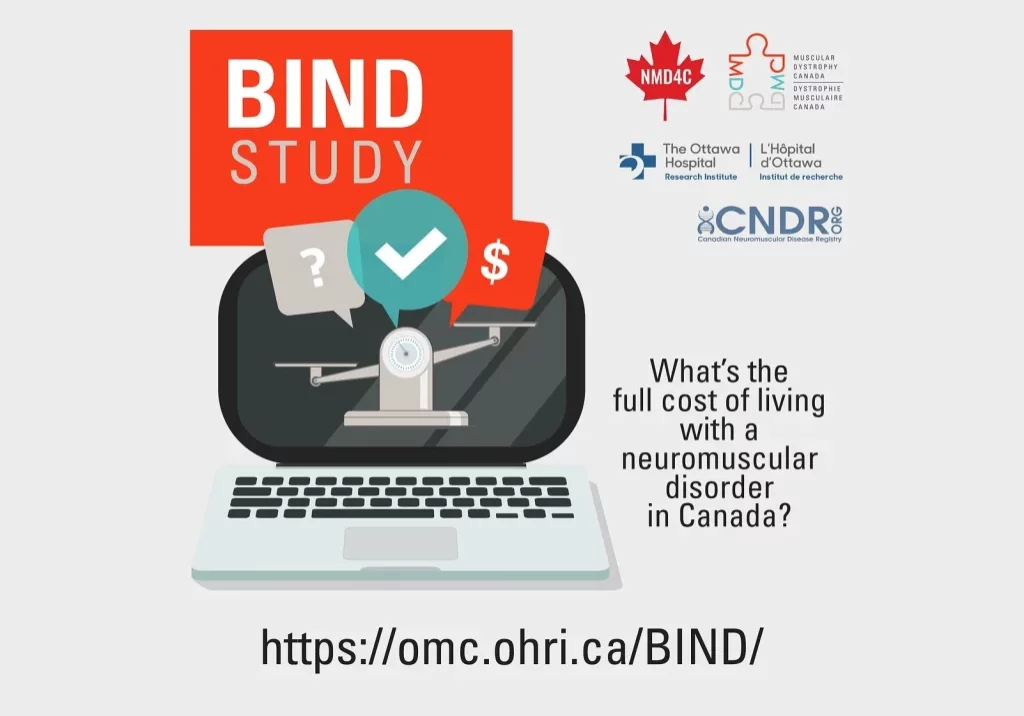 BIND study poster; graphic of computer and scale in centre, NMD4C logo with MDC and CNDR, OHRI in top right and link to study below.
