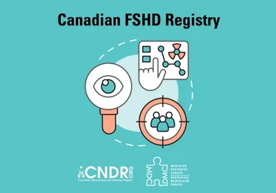 text reading Canadian FSHD registry, with icons in centre of page and CNDR and MDC logos underneath.