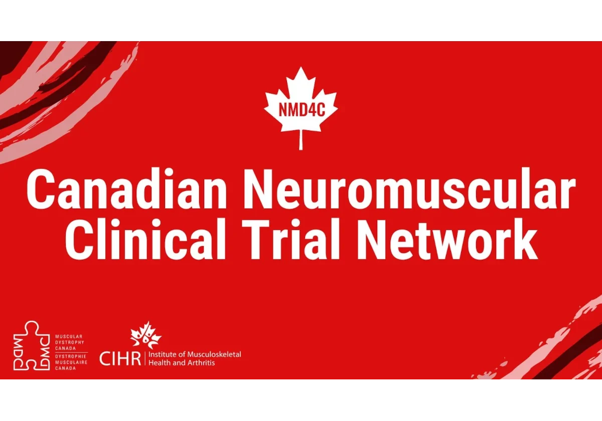 NMD4C logo with text reading 'Canadian neuromuscular clinical trials network', MDC and IMHA logos at bottom.