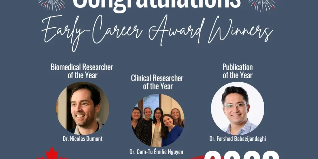 Congratulations to the early career award recipients! Photos of the three recipients, with text reading biomedical researcher of the year, clinical researcher of the year, publication of the year.