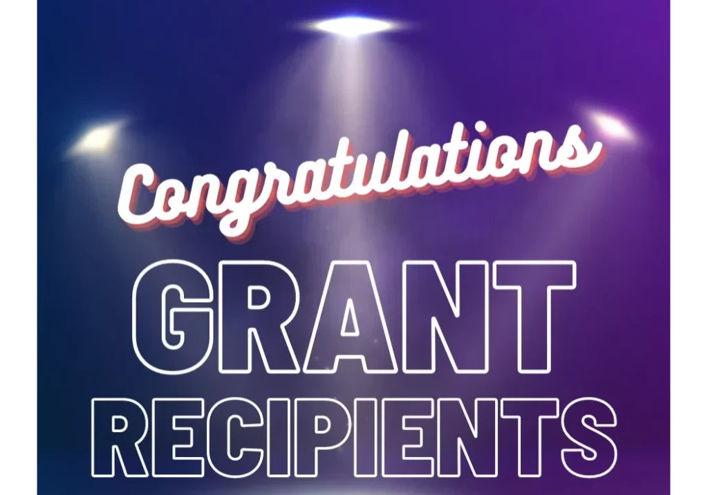 Spotlights in front of purple background illuminating the text reading congratulations grant recipients.