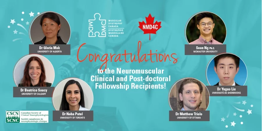 NMD4C and MDC neuromuscular fellowship recipients listed, with photos and names of postdoc fellows on the right, and photos and names of clinical fellows on the left.