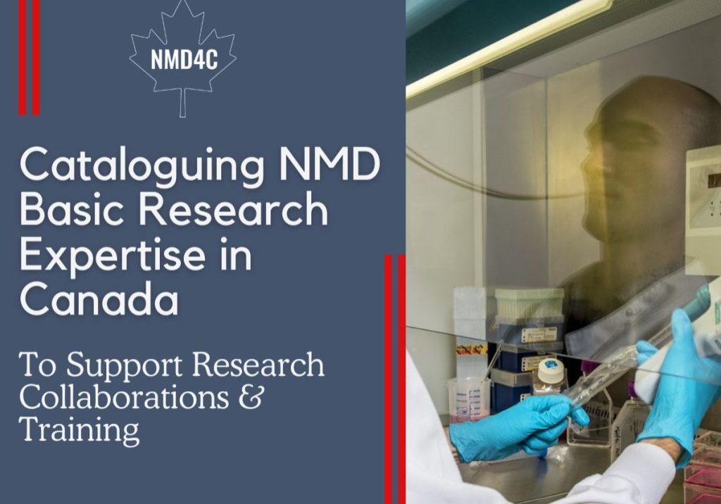 Text reading: Cataloguing NMD Basic Research Expertise in Canada, image of researcher pipetting on the right.