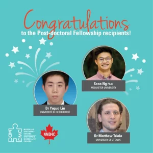 Three postdoc fellowship recipients listed with photos and names, celebratory fireworks in the background. NMD4C and MDC logos in bottom left corner.
